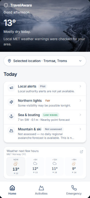 TravelAware app home screen for Tromsø, showing weather, local alerts, northern lights, sea conditions, and mountain information.
